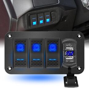 SUNPIE Truck Switch Panel with 3 Gang Rocker Switch&Dual USB Charge Voltmeter 4.8Amp Waterproof DC 12V 24V Toggle Switch for UTV Car Truck Boat 3 Years Warranty