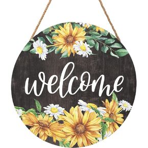 Sunflower Welcome Hanging Sign Front Door Decor Round Wooden Welcome Sign Sunflower Buffalo Plaid Rustic Porch Decoration for Home Office Garden Farmhouse 12 Inch