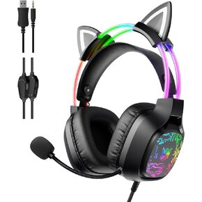 Cat Ears Gaming Headset with Noise-Canceling Mic, Surround Sound & RGB Lights, Wired Over-Ear Lightweight Headphones, Adjustable Headband for PC, PS4, PS5, Mac, Switch, in-Line Control