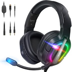 PG2 Gaming Headset for PS4/PS5/PC/Xbox One, Ergonomic Design Over Ear with AI Stereo Microphone Sound, Computer Headset with 3.5mm Jack & RGB Light Black/Blue