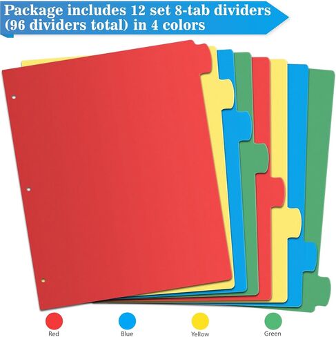 Jyusmile 12 مجموعة من فواصل المجلدات المكونة من 8 علامات تبويب، وفواصل مؤشرة لـ 3 مجلدات حلقية، وفواصل بلاستيكية متعددة الألوان مع 3 فتحات ثقب، و96 قطعة فواصل للوازم المدرسية والمكتبية in Kuwait