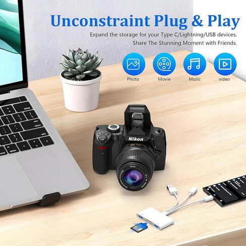 قارئ بطاقة SD لهاتف iPhone، موصل USB C Lightning USB3.0 إلى قارئ بطاقة SD/TF ومحول USB OTG لأجهزة iPhone/iPad/PC/Android/Camera/USB C & A، يدعم SD/Micro SD/SDHC/SDXC/ MMC التوصيل والتشغيل in Kuwait