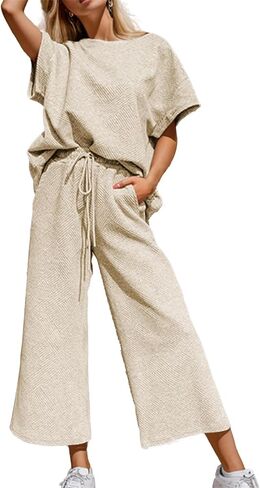 PAODIKUAI Women's 2 Piece Outfits Textured Casual Sweatsuit 3/4 Batwing Sleeve Pullover Tops Wide Leg Pant Lounge Set in Saudi Arabia
