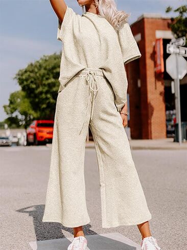 PAODIKUAI Women's 2 Piece Outfits Textured Casual Sweatsuit 3/4 Batwing Sleeve Pullover Tops Wide Leg Pant Lounge Set in Saudi Arabia