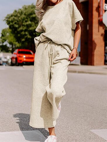 PAODIKUAI Women's 2 Piece Outfits Textured Casual Sweatsuit 3/4 Batwing Sleeve Pullover Tops Wide Leg Pant Lounge Set in Saudi Arabia