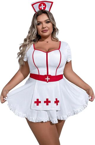WDIRARA Women's Plus Size Nurse Costume Cosplay Zip Front Halter Lingerie Set with Headband in Saudi Arabia