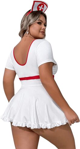 WDIRARA Women's Plus Size Nurse Costume Cosplay Zip Front Halter Lingerie Set with Headband in Saudi Arabia