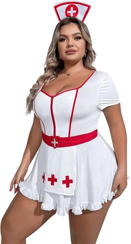 WDIRARA Women's Plus Size Nurse Costume Cosplay Zip Front Halter Lingerie Set with Headband in Saudi Arabia