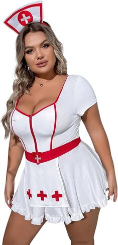 WDIRARA Women's Plus Size Nurse Costume Cosplay Zip Front Halter Lingerie Set with Headband in Saudi Arabia