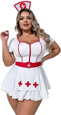 WDIRARA Women's Plus Size Nurse Costume Cosplay Zip Front Halter Lingerie Set with Headband in Saudi Arabia
