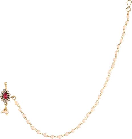 I Jewels 18k Gold Plated Indian Wedding Bollywood Ethnic Bridal Nose Ring/Nath without piercing with Pearl Chain Encased with Pearl Stone for Women/Girls (NL35) in Saudi Arabia