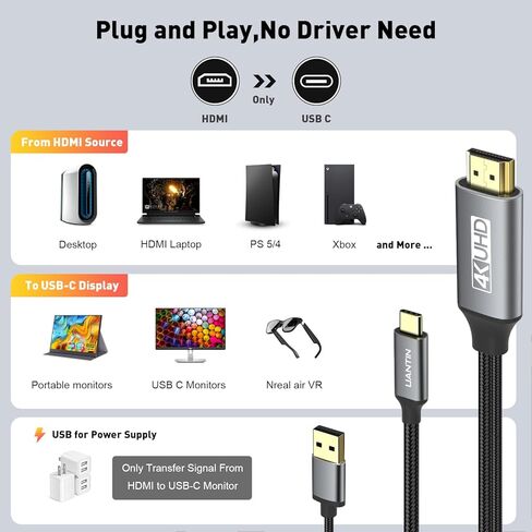 كابل HDMI إلى USB-C، 4K@60 هرتز HDMI (المصدر) إلى USB C (العرض) سلك بطول 6 أقدام HDMI أحادي الاتجاه إلى كابل USBC لجهاز PS5، وXbox، وSteam Dock، وشاشة USB C in Kuwait