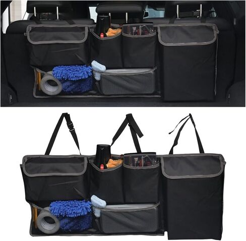 Collapsible Car Trunk Organizer, Backseat Hanging Storage Bag With Adjustable Straps, Large Capacity Car Storage Box Organizer with 4 Pockets & 2 Mesh Pouches for SUV MPV Truck Cargo (A/with Mesh Bag) in Saudi Arabia