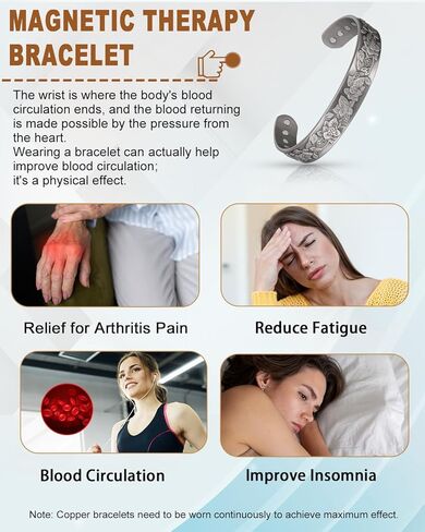 سوار مغناطيسي نحاسي للنساء لالتهاب المفاصل، مجوهرات نحاسية نقية، أساور التخلص من السموم الليمفاوية مع مغناطيس 3500 غاوس (لون فضي) in Kuwait