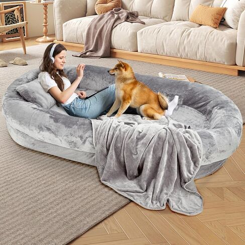 Human Dog Bed for Adult, Waterproof Dog Bean Bag Bed, Removable Coral Velvet Large Human Dog Bed, Orthopedic Giant Dog Bed for Humans with Soft Blanket Pillow Storage Pocket, Grey in Saudi Arabia