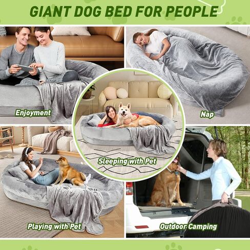 Human Dog Bed for Adult, Waterproof Dog Bean Bag Bed, Removable Coral Velvet Large Human Dog Bed, Orthopedic Giant Dog Bed for Humans with Soft Blanket Pillow Storage Pocket, Grey in Saudi Arabia