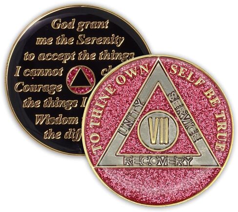 7 Year Sobriety Coin | Glitter Triplate AA Chip Recovery Anniversary Token (Aqua) in Saudi Arabia