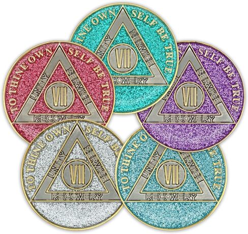 7 Year Sobriety Coin | Glitter Triplate AA Chip Recovery Anniversary Token (Aqua) in Saudi Arabia
