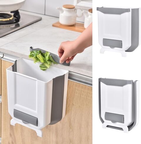Hanging Kitchen Trash Can 2.4 Gallon White Plastic Collapsible Bin Wall Mounted for Cabinet Door, Perfect for Organizing Small Spaces in Your Home - Hang in Kitchen, Car, Bedroom, or Bathroom! in Kuwait