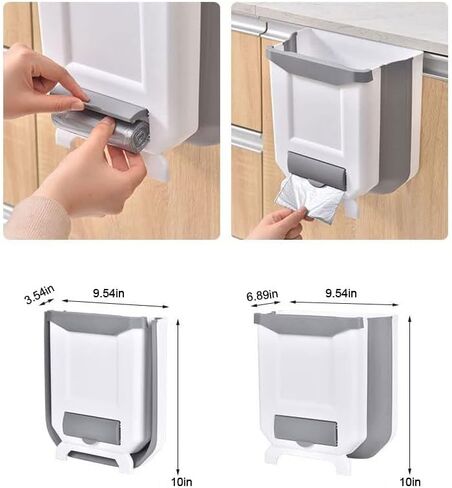 Hanging Kitchen Trash Can 2.4 Gallon White Plastic Collapsible Bin Wall Mounted for Cabinet Door, Perfect for Organizing Small Spaces in Your Home - Hang in Kitchen, Car, Bedroom, or Bathroom! in Kuwait