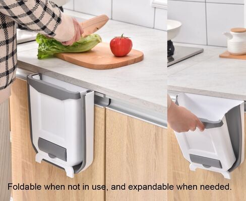 Hanging Kitchen Trash Can 2.4 Gallon White Plastic Collapsible Bin Wall Mounted for Cabinet Door, Perfect for Organizing Small Spaces in Your Home - Hang in Kitchen, Car, Bedroom, or Bathroom! in Kuwait
