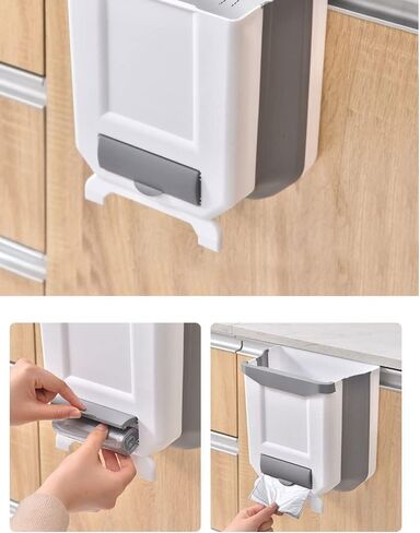 Hanging Kitchen Trash Can 2.4 Gallon White Plastic Collapsible Bin Wall Mounted for Cabinet Door, Perfect for Organizing Small Spaces in Your Home - Hang in Kitchen, Car, Bedroom, or Bathroom! in Kuwait