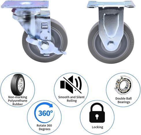 عجلات DGQ مقاس 4 بوصات عالية التحمل من الدرجة التجارية، مجموعة مكونة من 4 قطع (2 صلبة، 2 فرامل) in Kuwait