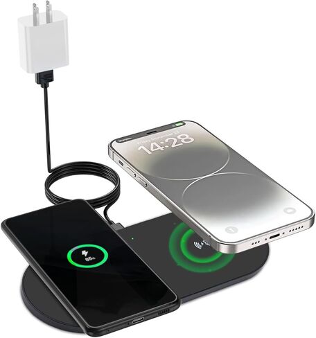 شاحن لاسلكي مزدوج (وسادة)، شحن سريع 10 وات، معتمد من Qi لهاتف iPhone 15 14 13 12 Pro XR XS 8 Plus Samsung Galaxy S23 S22 S21 S20 Note 20 10 Google إلخ/AirPods/Apple Watch (يتضمن المحول) in Kuwait