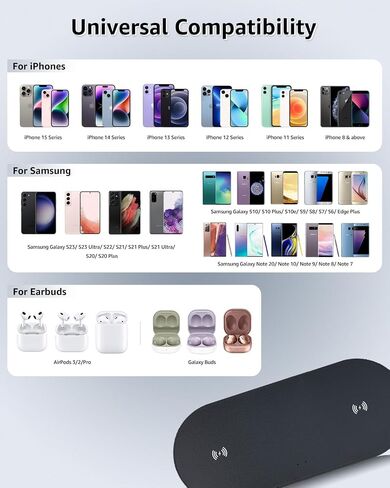 شاحن لاسلكي مزدوج (وسادة)، شحن سريع 10 وات، معتمد من Qi لهاتف iPhone 15 14 13 12 Pro XR XS 8 Plus Samsung Galaxy S23 S22 S21 S20 Note 20 10 Google إلخ/AirPods/Apple Watch (يتضمن المحول) in Kuwait
