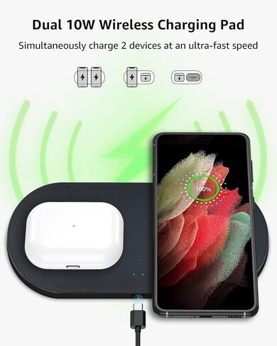شاحن لاسلكي مزدوج (وسادة)، شحن سريع 10 وات، معتمد من Qi لهاتف iPhone 15 14 13 12 Pro XR XS 8 Plus Samsung Galaxy S23 S22 S21 S20 Note 20 10 Google إلخ/AirPods/Apple Watch (يتضمن المحول) in Kuwait