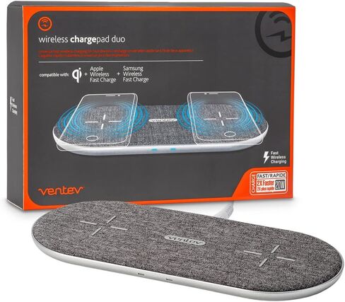 Ventev Wireless Chargepad Duo مع تقنية Qi | محطة شحن سريعة لشحن سامسونج وأبل لهاتفين في وقت واحد | يعمل كشاحن iPhone وشاحن Samsung Android in Kuwait