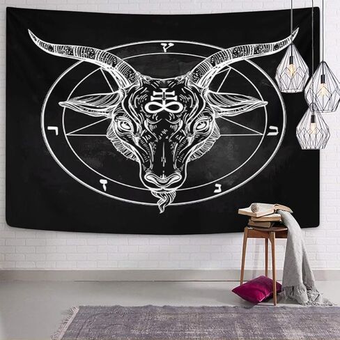 emvency نسيج الخماسي مع شيطان baphomet الشيطانية رأس الماعز رمز ثنائي الوشم الرجعية الموسيقى الصيف لراكب الدراجة النارية الأسود ديكور المنزل الجدار شنقا لغرفة المعيشة غرفة نوم النوم 50x60 بوصة in Kuwait