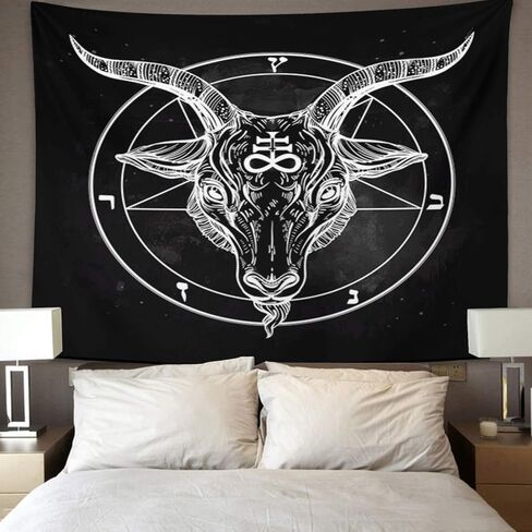 emvency نسيج الخماسي مع شيطان baphomet الشيطانية رأس الماعز رمز ثنائي الوشم الرجعية الموسيقى الصيف لراكب الدراجة النارية الأسود ديكور المنزل الجدار شنقا لغرفة المعيشة غرفة نوم النوم 50x60 بوصة in Kuwait