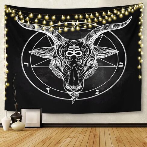 emvency نسيج الخماسي مع شيطان baphomet الشيطانية رأس الماعز رمز ثنائي الوشم الرجعية الموسيقى الصيف لراكب الدراجة النارية الأسود ديكور المنزل الجدار شنقا لغرفة المعيشة غرفة نوم النوم 50x60 بوصة in Kuwait