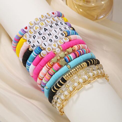 14PCS Bracelets for Women, Colorful Friendship Bracelets, Stackable Beaded Bracelets, Clay Bead Bracelets Heishi Surfer Bracelets Cute Bracelets for Concert Beach Vacaiton Gift in Saudi Arabia