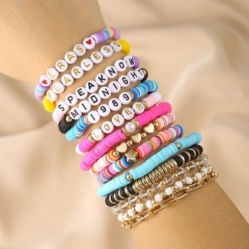 14PCS Bracelets for Women, Colorful Friendship Bracelets, Stackable Beaded Bracelets, Clay Bead Bracelets Heishi Surfer Bracelets Cute Bracelets for Concert Beach Vacaiton Gift in Saudi Arabia