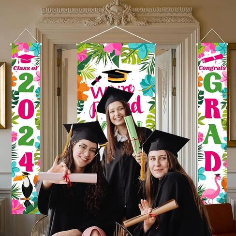3 قطع من ديكورات حفلات التخرج من Luau 2024 لافتة باب بطابع هاواي 2024 مجموعة ديكورات حفلات التخرج تتضمن قطعة واحدة من غطاء باب التخرج وقطعتين من لافتة الشرفة لديكورات حفلات Aloha Grad in Kuwait