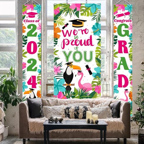 3 قطع من ديكورات حفلات التخرج من Luau 2024 لافتة باب بطابع هاواي 2024 مجموعة ديكورات حفلات التخرج تتضمن قطعة واحدة من غطاء باب التخرج وقطعتين من لافتة الشرفة لديكورات حفلات Aloha Grad in Kuwait