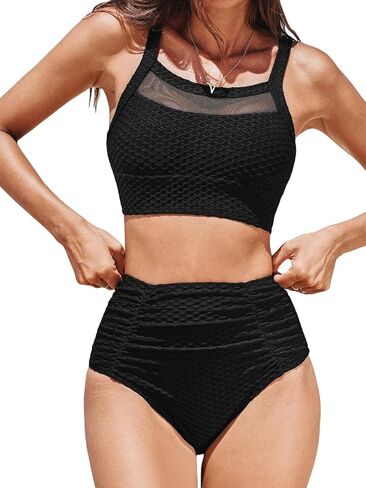 CUPSHE Women's Bikini Sets Two Piece Swimsuits High Waisted Scoop Neck Crisscross Self Tie Textured Mesh Cutout in Saudi Arabia