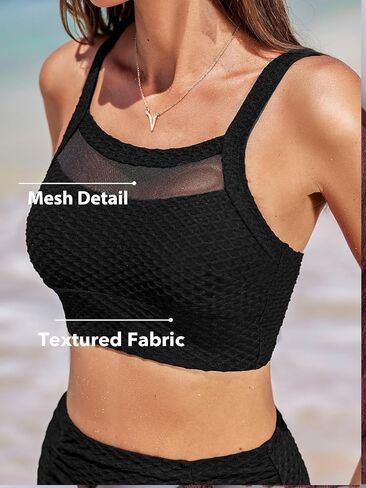 CUPSHE Women's Bikini Sets Two Piece Swimsuits High Waisted Scoop Neck Crisscross Self Tie Textured Mesh Cutout in Saudi Arabia
