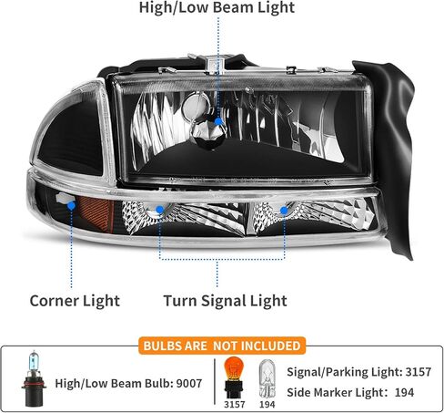 DWVO Headlight Assembly Compatible with 1998-2004 Dodge Dakota 1998-2003 Dodge Durango Headlamp Replacement with Park Signal Lamp Black Housing in Saudi Arabia
