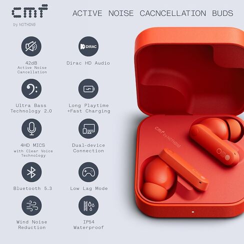Buds Wireless Bluetooth Earbuds, 42dB Noise Cancelling Earbuds, Dirac HD Audio, 35.5H Playtime, BT5.3, IP54 Waterproof, 4HD Mics Wireless Headphones for iPhone & Android (Clear Orange) in Kuwait