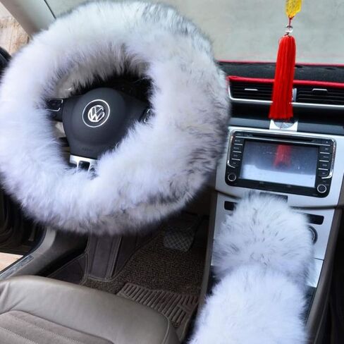 غطاء عجلة القيادة من الصوف الصناعي الدافئ للشتاء من Ogrmar مع غطاء فرامل اليد وغطاء ناقل الحركة لعجلة فولاذية مقاس 14.96 بوصة × 14.96 بوصة بقطر مجموعة واحدة 3 قطع (أبيض ورمادي) in Kuwait