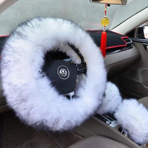 غطاء عجلة القيادة من الصوف الصناعي الدافئ للشتاء من Ogrmar مع غطاء فرامل اليد وغطاء ناقل الحركة لعجلة فولاذية مقاس 14.96 بوصة × 14.96 بوصة بقطر مجموعة واحدة 3 قطع (أبيض ورمادي) in Kuwait