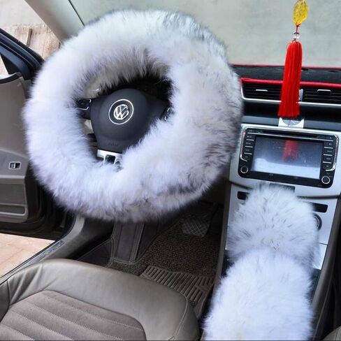 غطاء عجلة القيادة من الصوف الصناعي الدافئ للشتاء من Ogrmar مع غطاء فرامل اليد وغطاء ناقل الحركة لعجلة فولاذية مقاس 14.96 بوصة × 14.96 بوصة بقطر مجموعة واحدة 3 قطع (أبيض ورمادي) in Kuwait