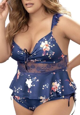Women Plus Size Pajamas Sexy lingerie Chemise Nightgowns Floral Print Cami Top and Shorts Pajama Set Sleepwear in Saudi Arabia
