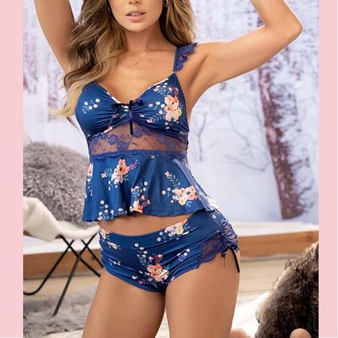 Women Plus Size Pajamas Sexy lingerie Chemise Nightgowns Floral Print Cami Top and Shorts Pajama Set Sleepwear in Saudi Arabia