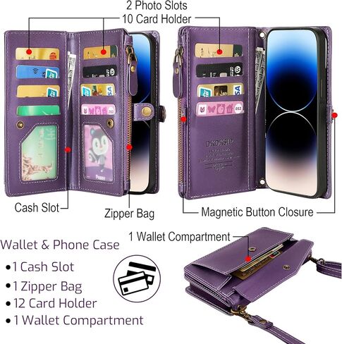 حافظة محفظة لهاتف iPhone 15 Plus للنساء، تدعم الشحن اللاسلكي مع حامل بطاقة RFID، محفظة من جلد البولي يوريثان بسحاب حافظة هاتف مغناطيسية قابلة للفصل مع حزام حول الجسم، أسود in Kuwait