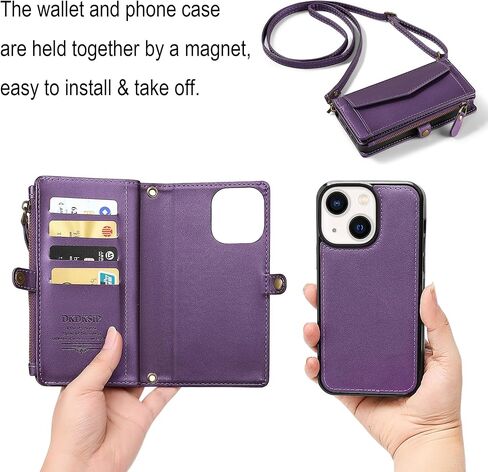 حافظة محفظة لهاتف iPhone 15 Plus للنساء، تدعم الشحن اللاسلكي مع حامل بطاقة RFID، محفظة من جلد البولي يوريثان بسحاب حافظة هاتف مغناطيسية قابلة للفصل مع حزام حول الجسم، أسود in Kuwait