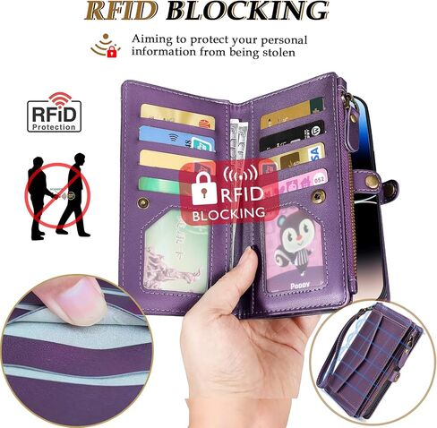 حافظة محفظة لهاتف iPhone 15 Plus للنساء، تدعم الشحن اللاسلكي مع حامل بطاقة RFID، محفظة من جلد البولي يوريثان بسحاب حافظة هاتف مغناطيسية قابلة للفصل مع حزام حول الجسم، أسود in Kuwait